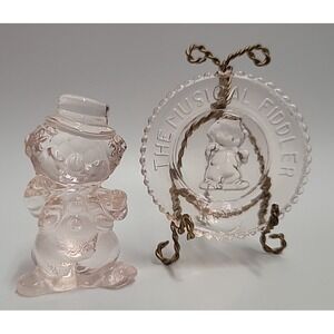 Vtg Mosser Glass Little Fiddler Clown Chaty Pink w. Matching‎ Plate